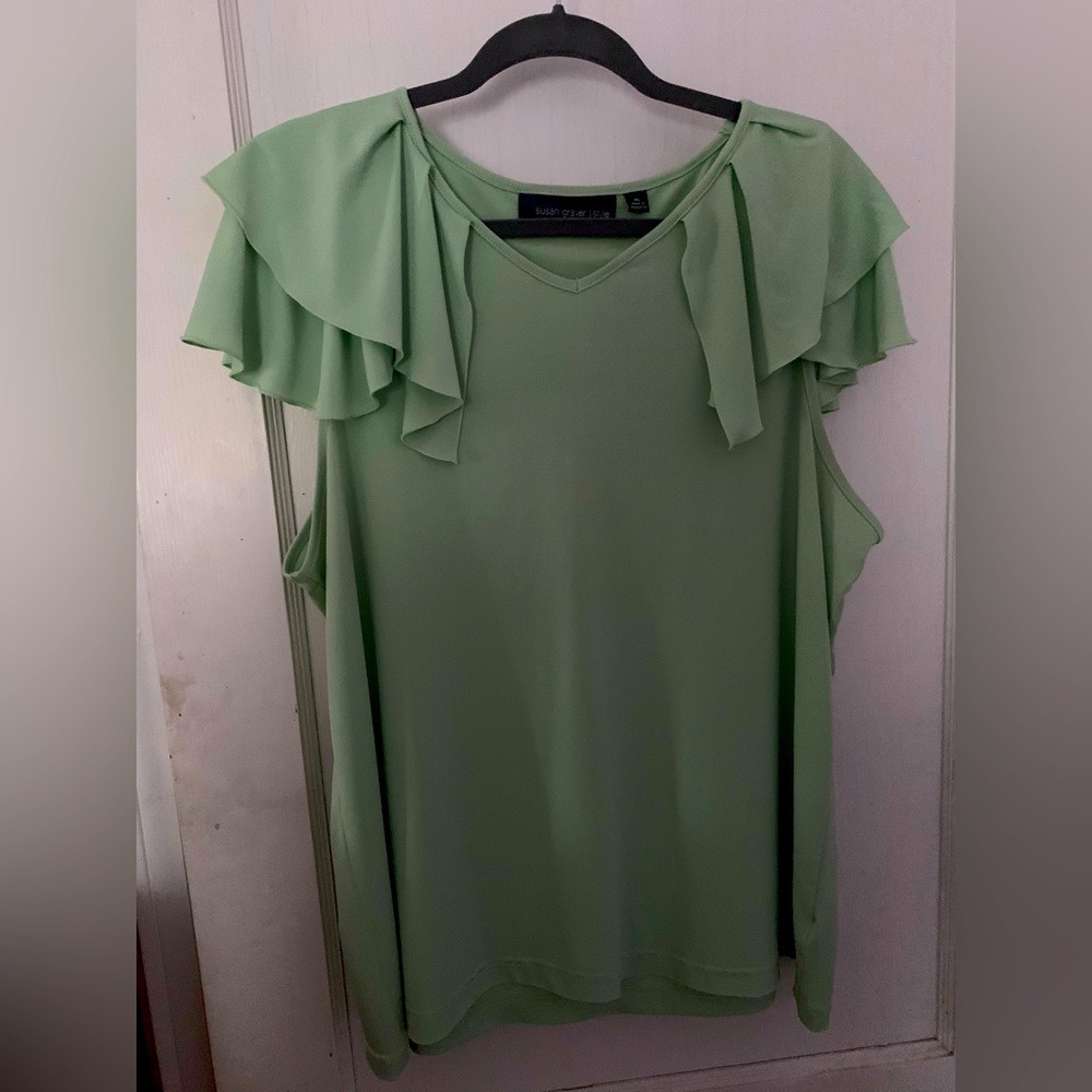 Susan Graver flounce cap sleeve mint green top XL